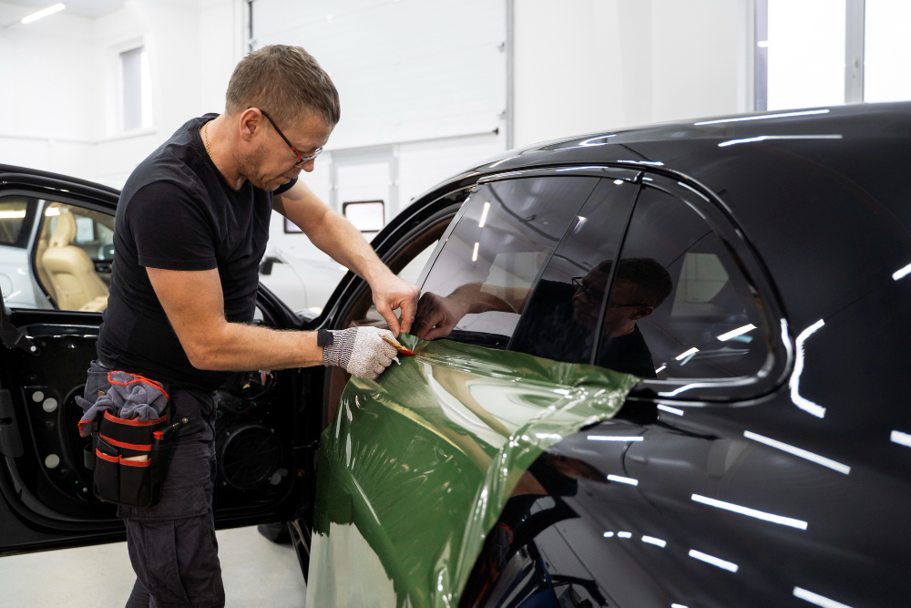 A man applying green vehicle wrap to a car, focused on achieving a smooth finish.